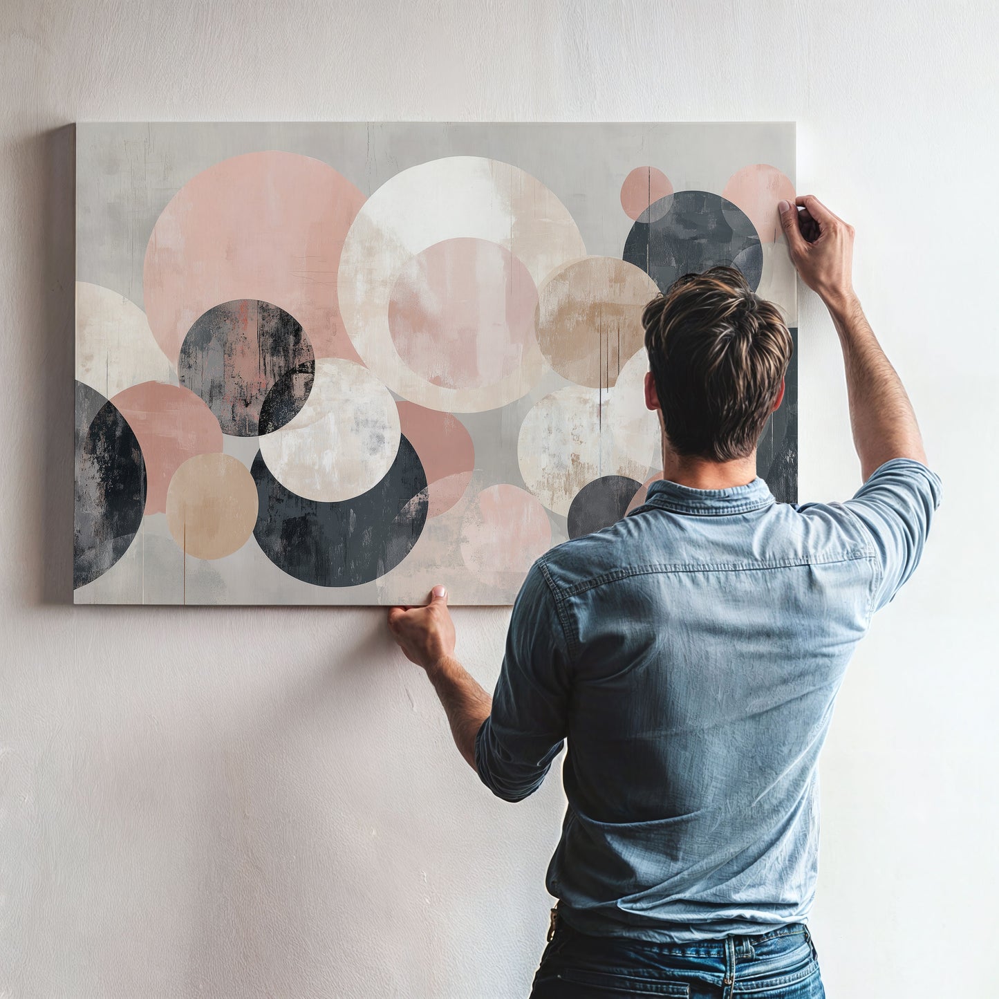A man is hanging a large abstract painting on a wall.