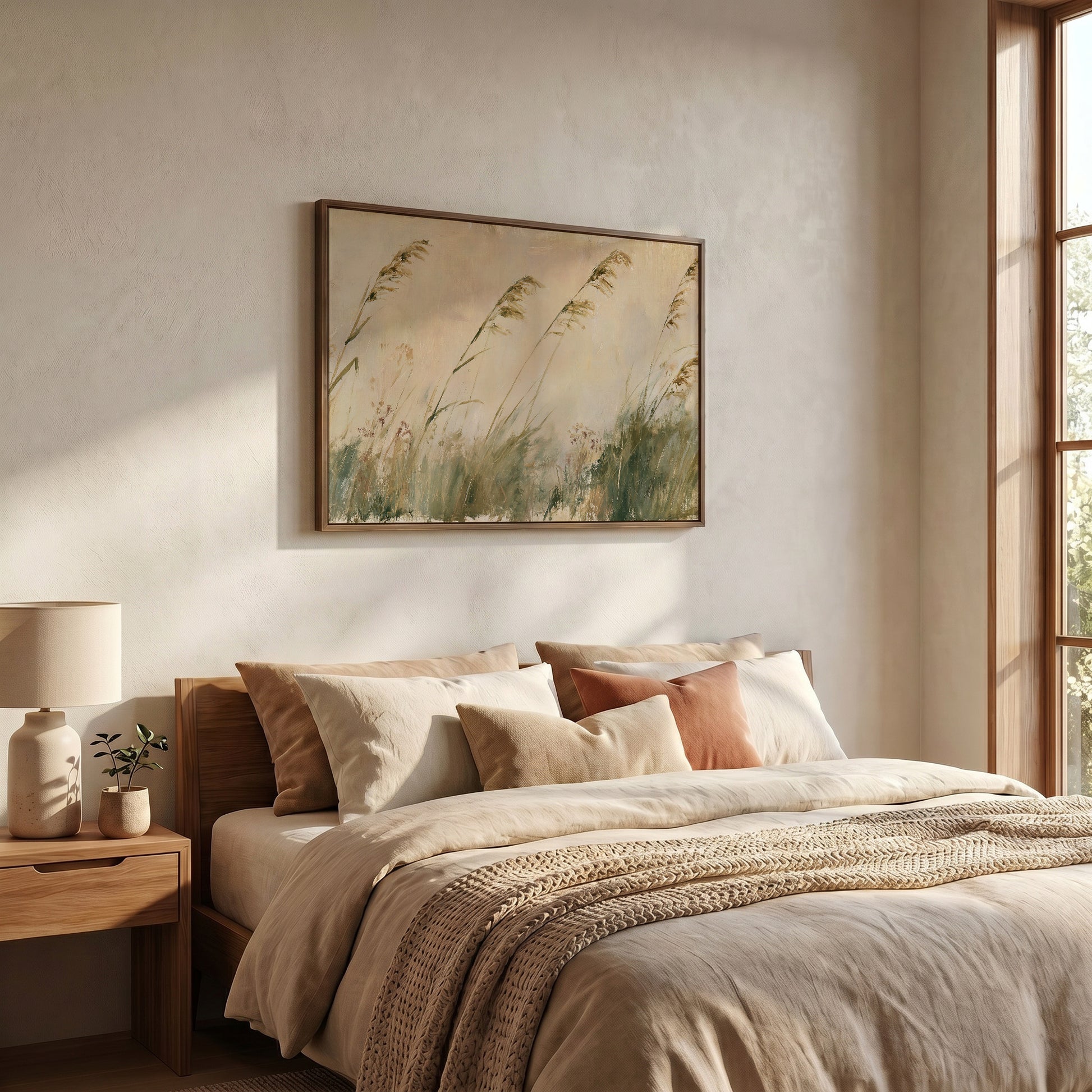 a serene and cozy bedroom with a large bed adorned with beige bedding and a framed painting of tall grass hanging above it. The room is illuminated by natural light coming through a window, creating a warm and inviting atmosphere.