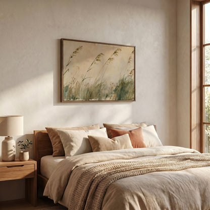 a serene and cozy bedroom with a large bed adorned with beige bedding and a framed painting of tall grass hanging above it. The room is illuminated by natural light coming through a window, creating a warm and inviting atmosphere.