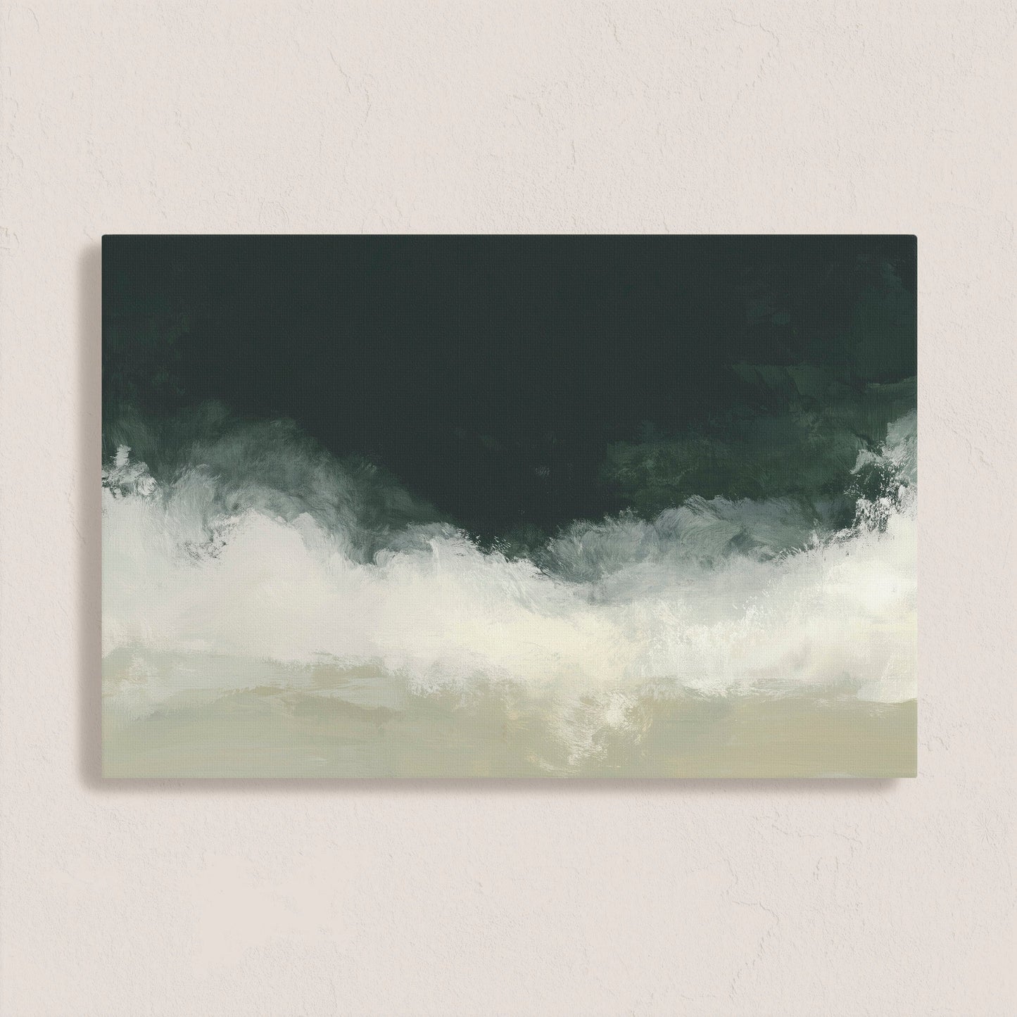 Surge Canvas Wall Art with deep emerald and soft white tones evoking ocean and storm, archival-grade gallery wrapped canvas.