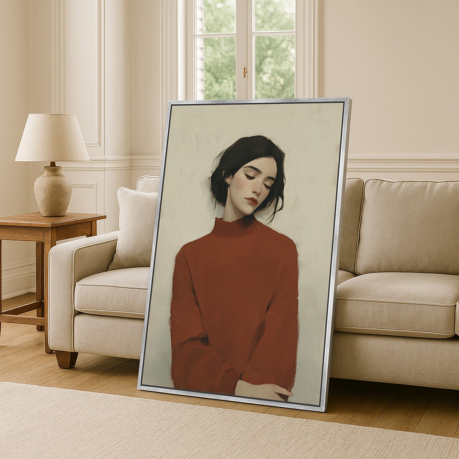 Madi canvas wall art featuring serene portrait of woman in deep red sweater, muted tones, framed gallery wrap, modern minimalist decor