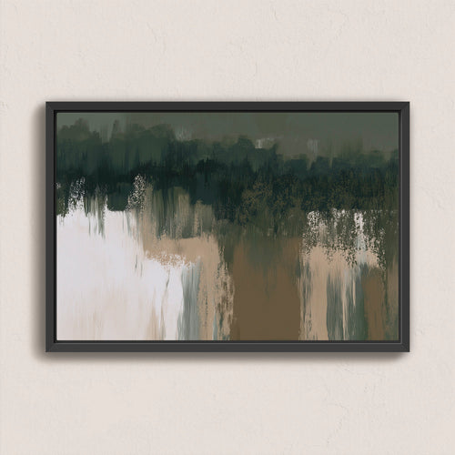 Abstract Forestline canvas print with layered green, taupe, and ivory brushwork in black frame