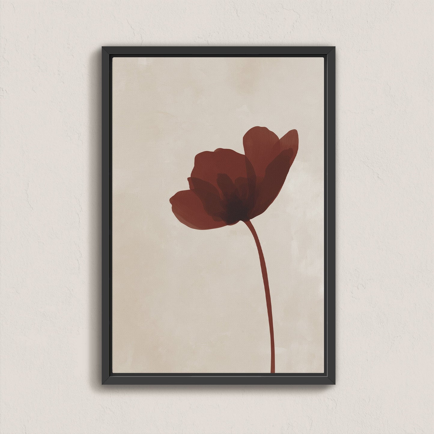 Minimalist burgundy flower stem canvas print with black frame on neutral background