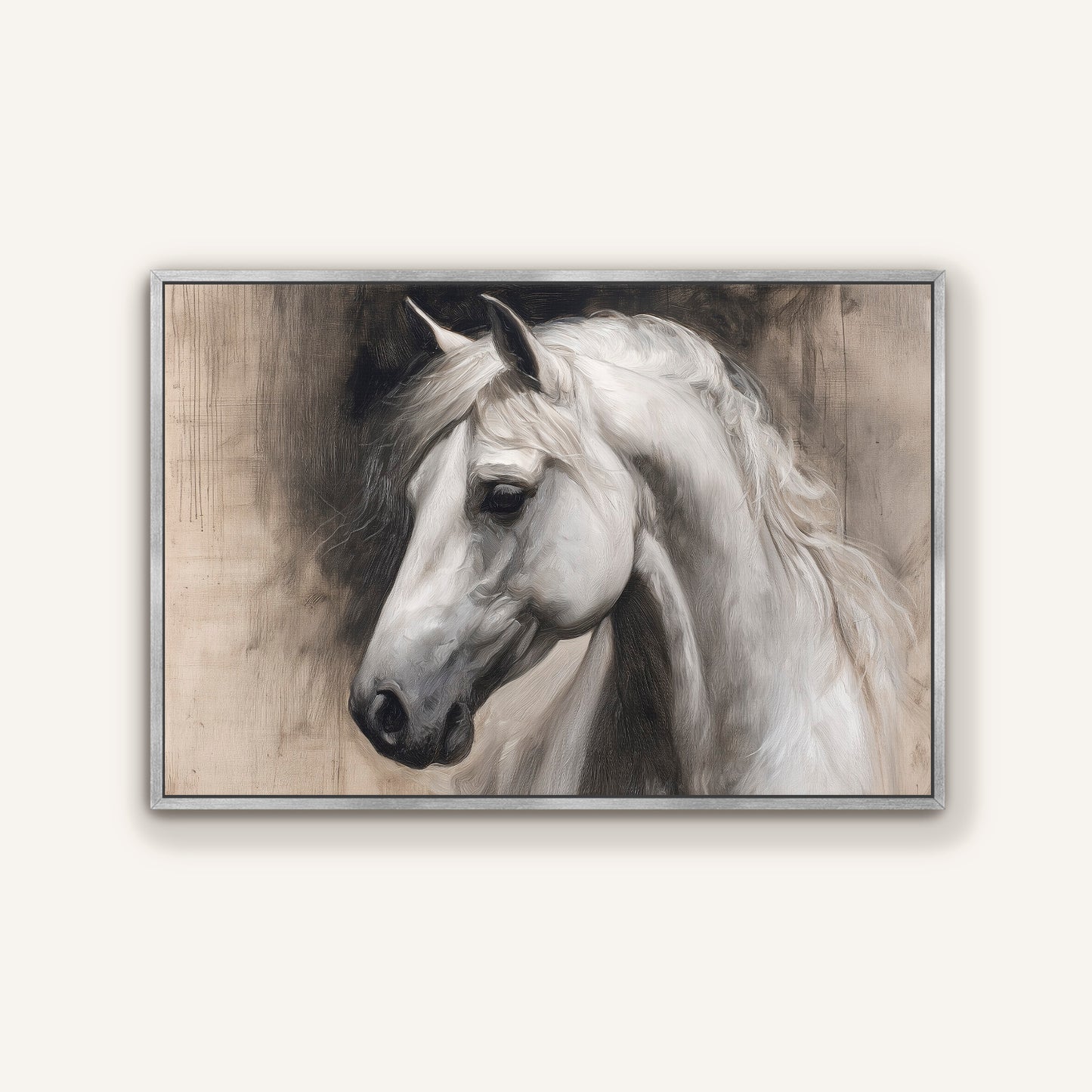 A black and white portrait of a horse, with its head turned to the side and flowing mane.