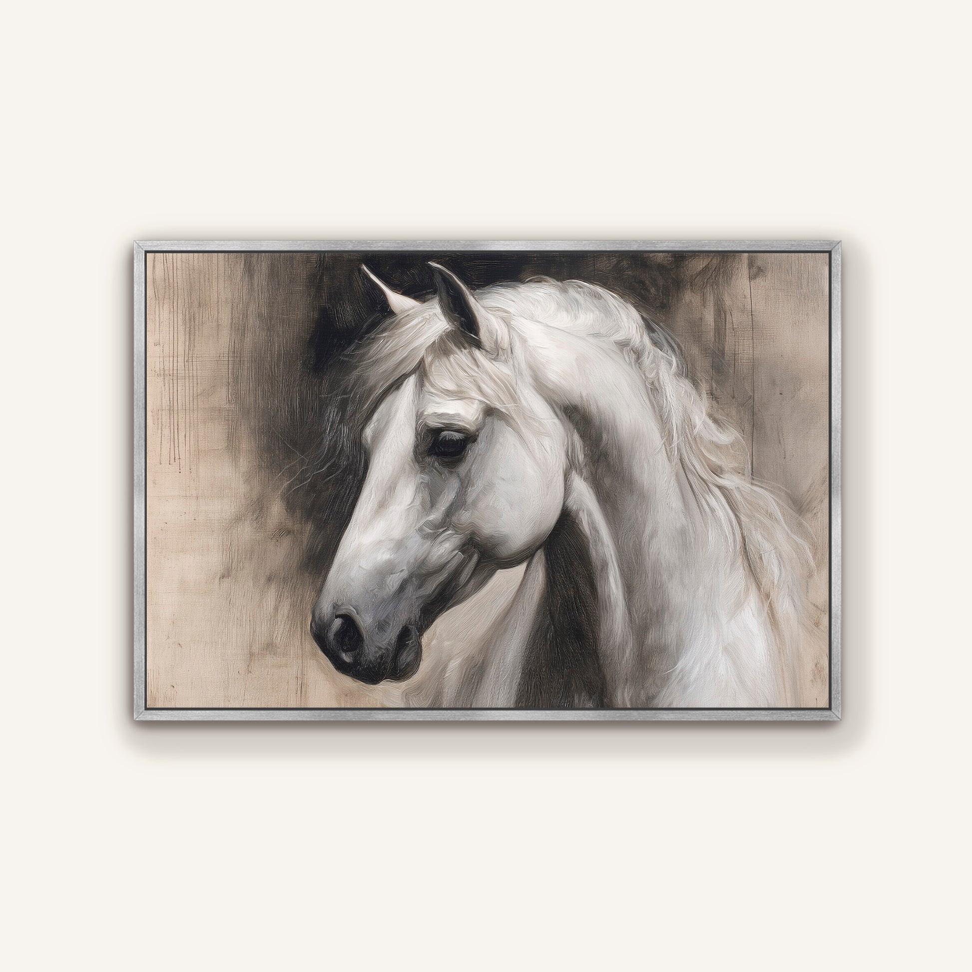 A black and white portrait of a horse, with its head turned to the side and flowing mane.