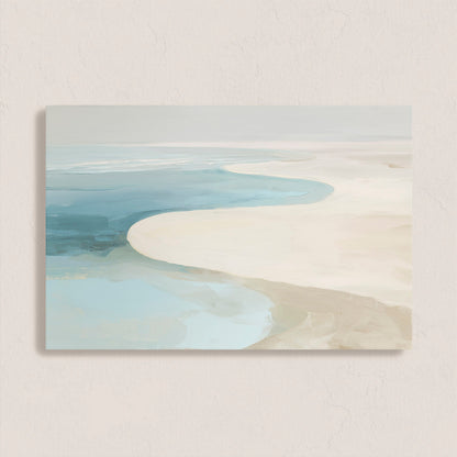 Tideway Canvas Wall Art depicting a serene coastal horizon with soft ivory, beige, and ocean blue tones.