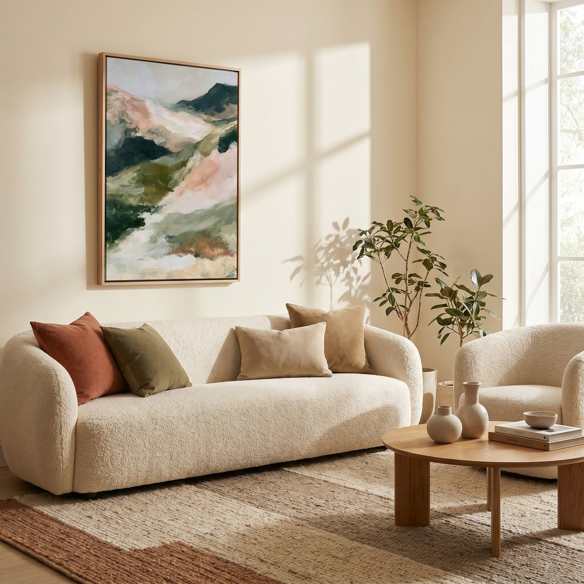 a cozy living room with a large abstract painting on the wall, a plush white sofa with colorful throw pillows, a wooden coffee table, and a potted plant.
