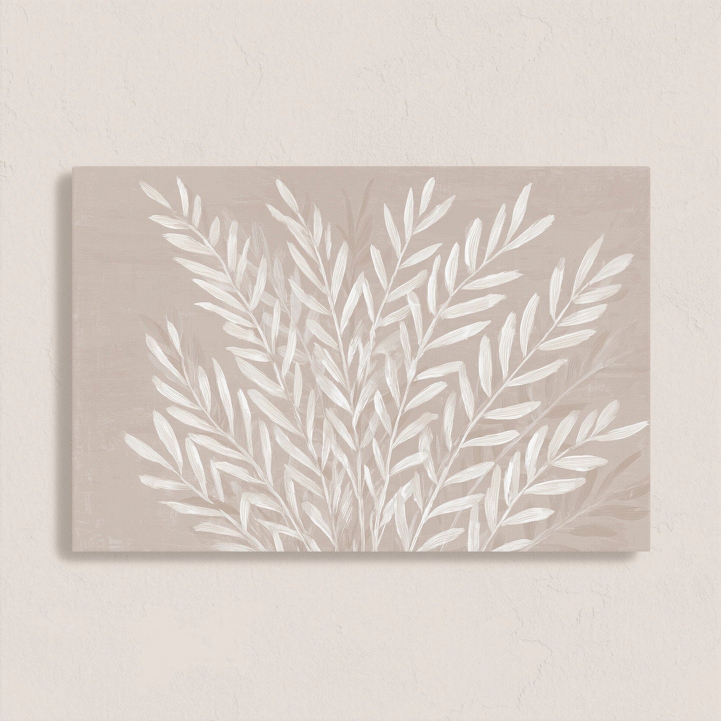 Whisper canvas print featuring slender ivory leaves on soft taupe background, minimalist botanical art for modern interiors