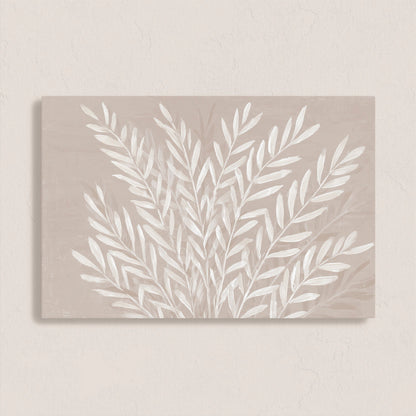 Whisper canvas print featuring slender ivory leaves on soft taupe background, minimalist botanical art for modern interiors