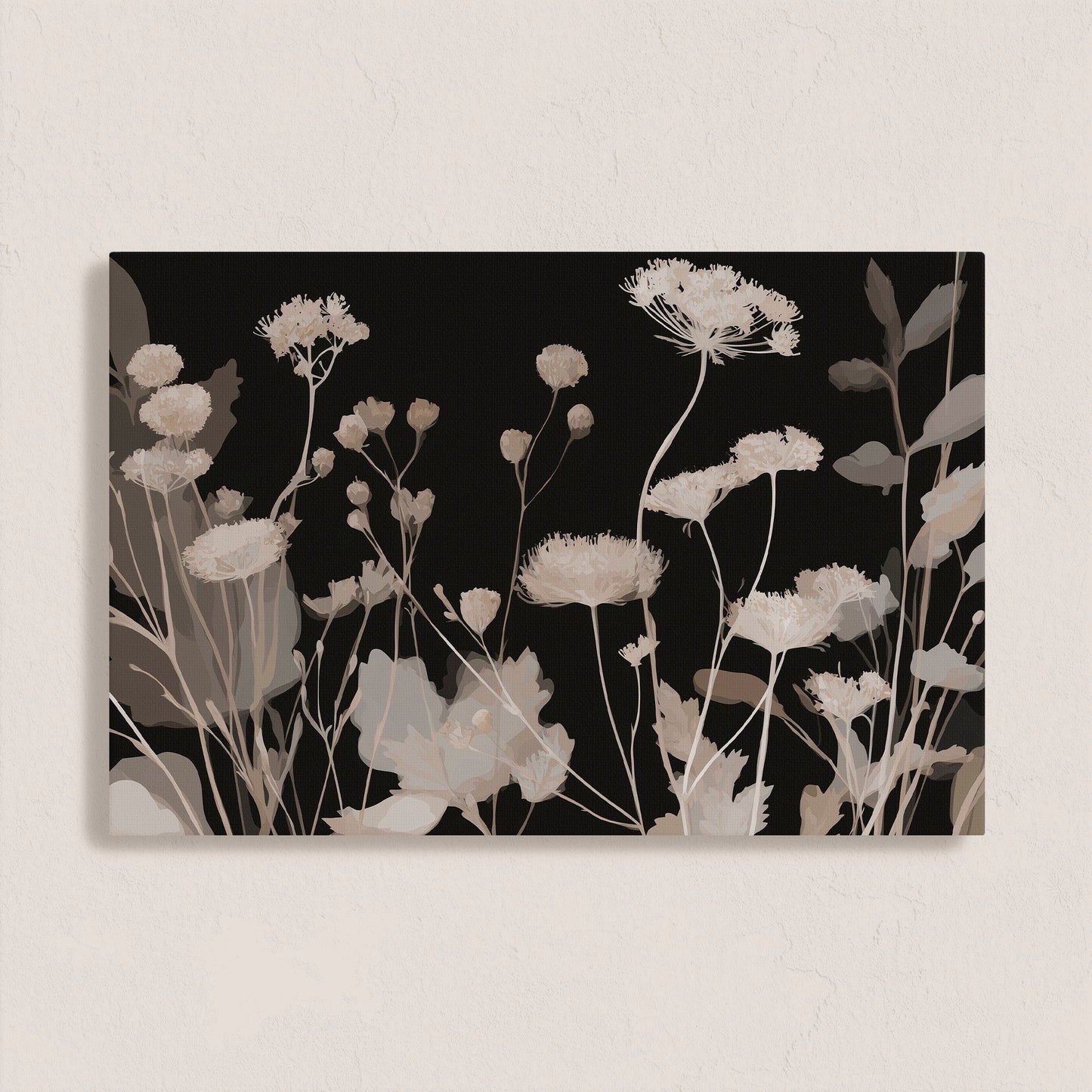 Shadow Bloom Canvas Art featuring neutral wildflowers on black background with soft taupe and ivory tones in a modern minimalist style
