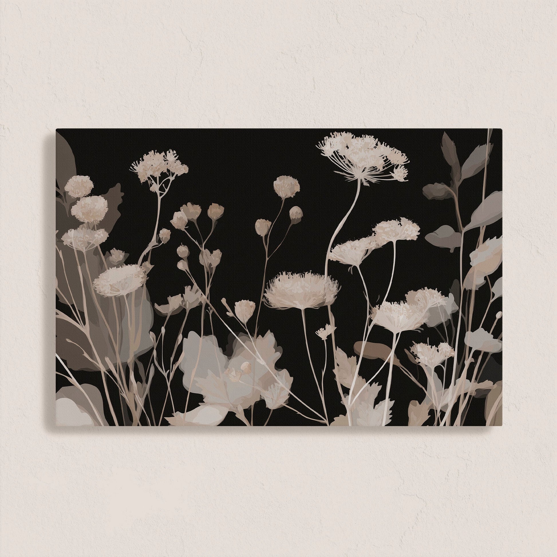 Shadow Bloom Canvas Art featuring neutral wildflowers on black background with soft taupe and ivory tones in a modern minimalist style