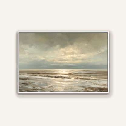 a serene ocean scene with a cloudy sky and a calm, reflective surface.