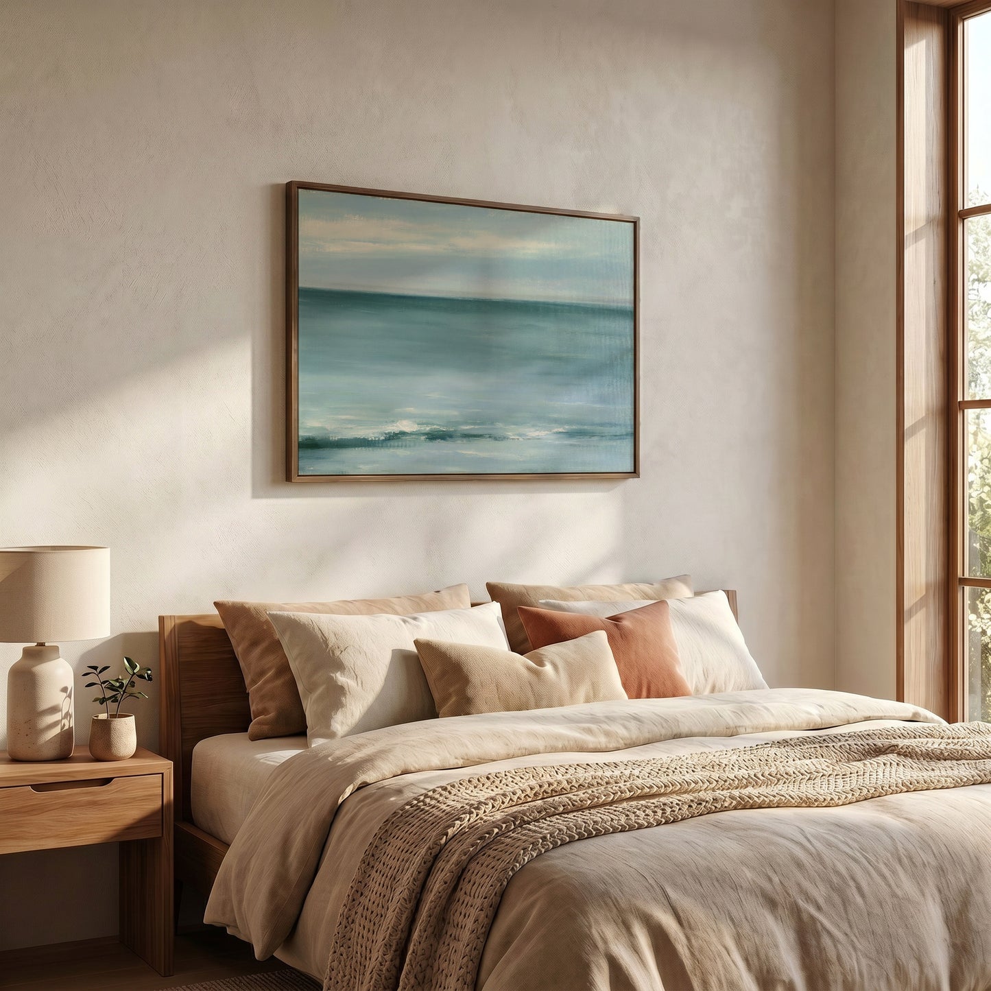 a serene bedroom scene with a large bed adorned with beige bedding and a wooden headboard. Above the bed, a framed painting of a tranquil ocean landscape is displayed on the wall. The room is illuminated by natural light streaming in from a window, creating a warm and inviting atmosphere.