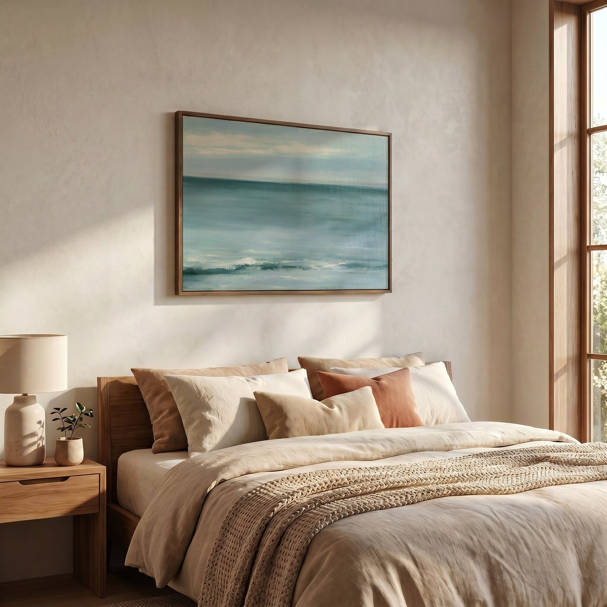a serene bedroom scene with a large bed adorned with beige bedding and a wooden headboard. Above the bed, a framed painting of a tranquil ocean landscape is displayed on the wall. The room is illuminated by natural light streaming in from a window, creating a warm and inviting atmosphere.