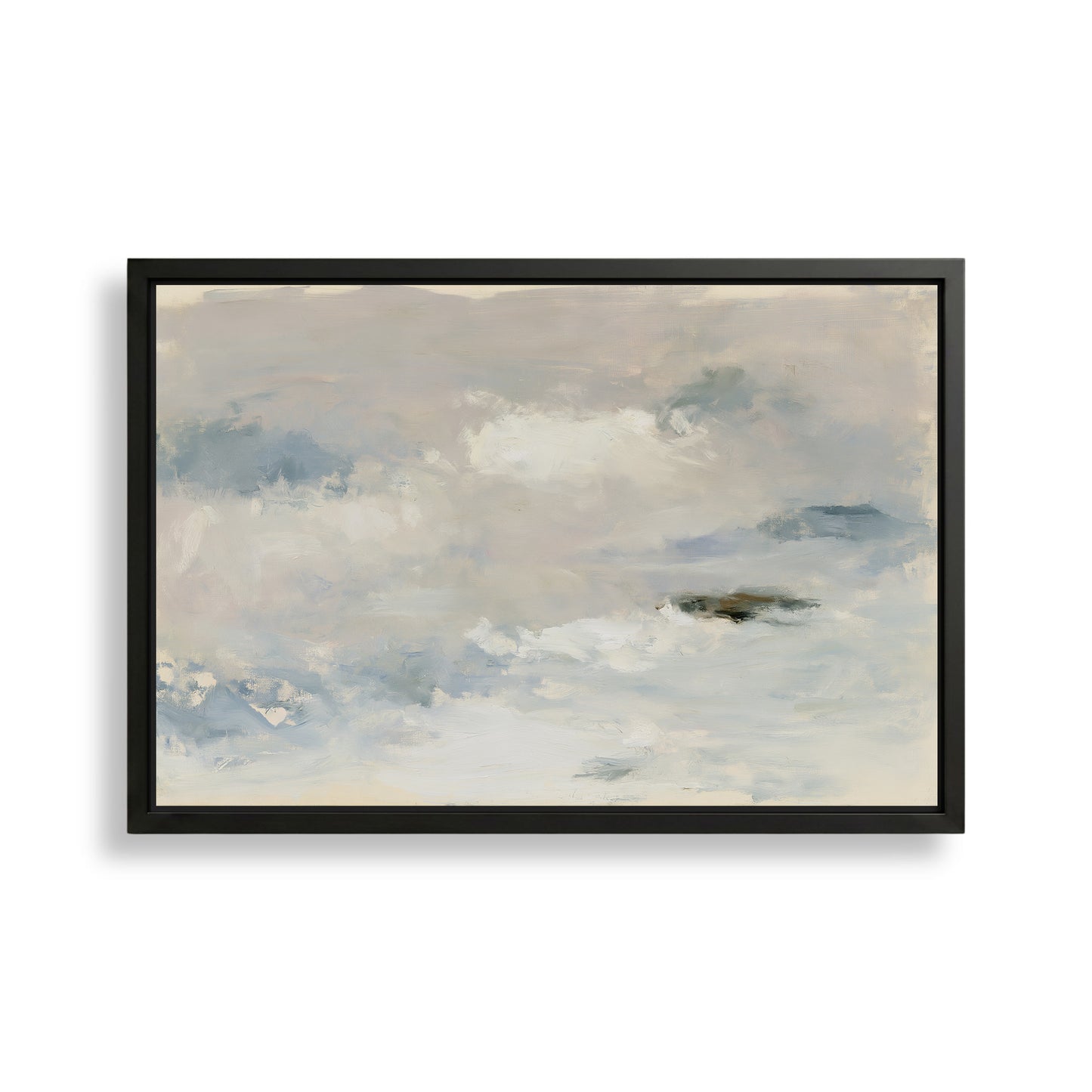 The image is a framed abstract painting depicting a cloudy sky with a sense of tranquility and serenity.