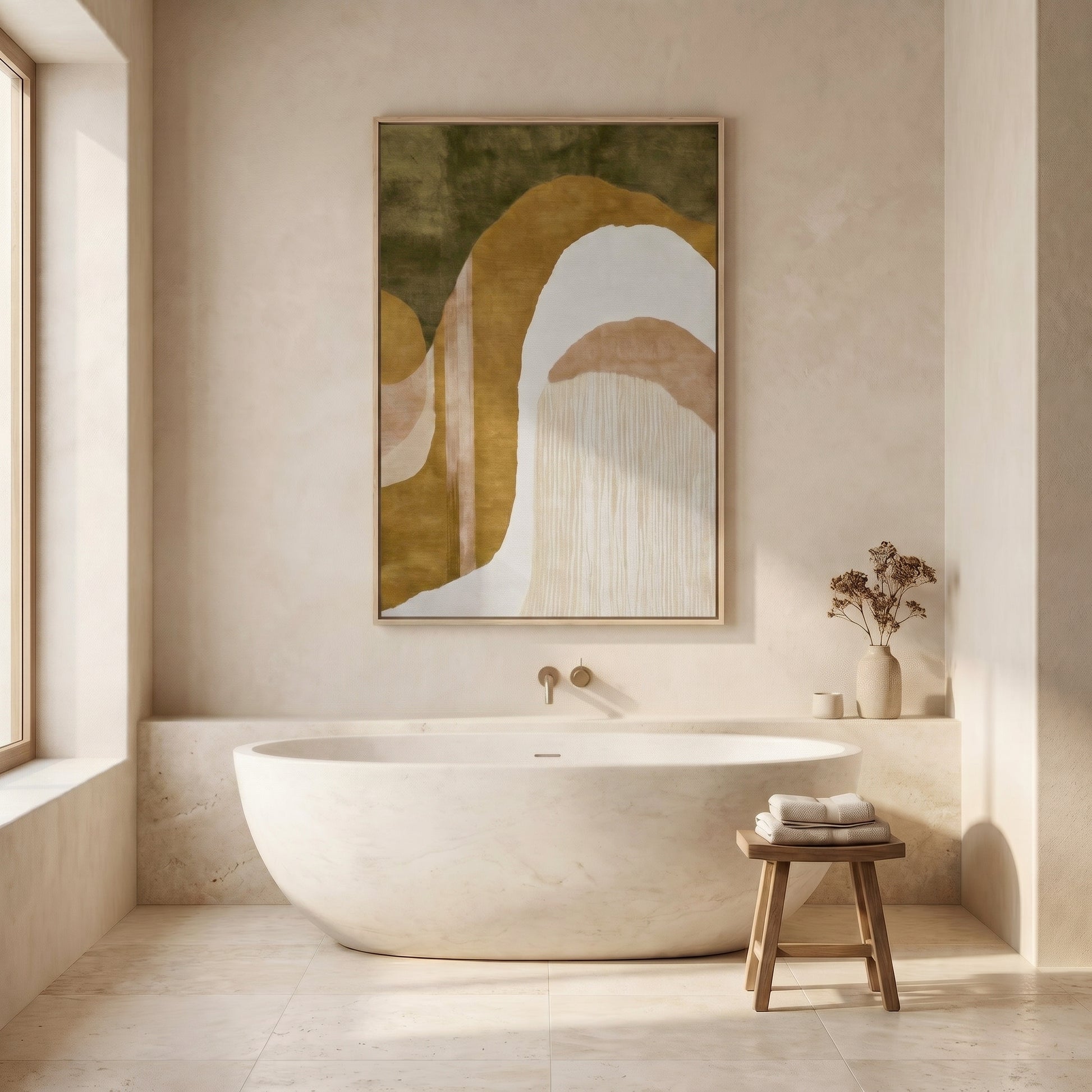 a serene and modern bathroom with a large, white freestanding bathtub, a wooden stool, and a framed abstract painting on the wall.