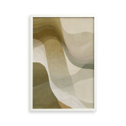 The image is a framed abstract artwork with a color palette of brown, beige, and gray. The artwork features a variety of curved and wavy shapes, creating a sense of movement and dynamism.