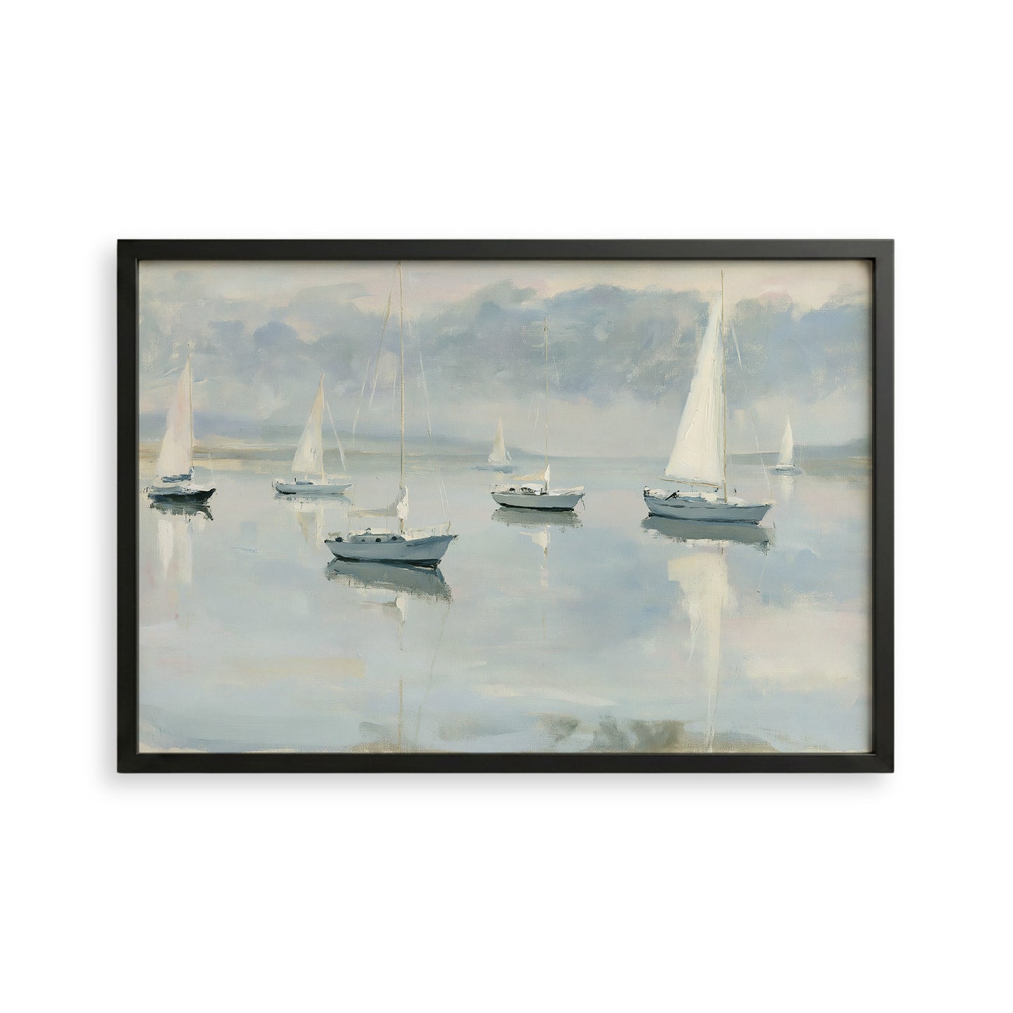 a serene scene of sailboats gently floating on a calm body of water, with a cloudy sky in the background.