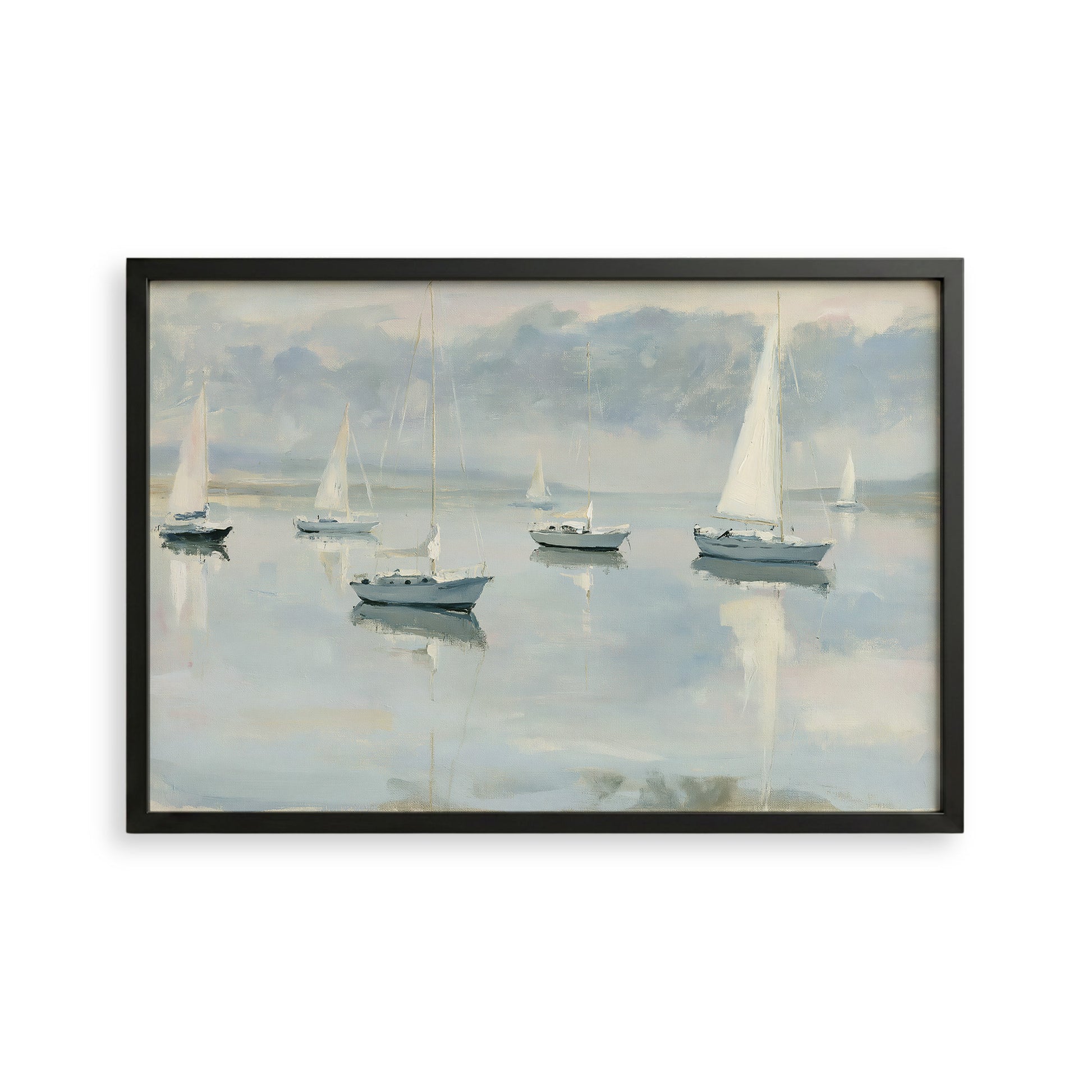 a serene scene of sailboats gently floating on a calm body of water, with a cloudy sky in the background.