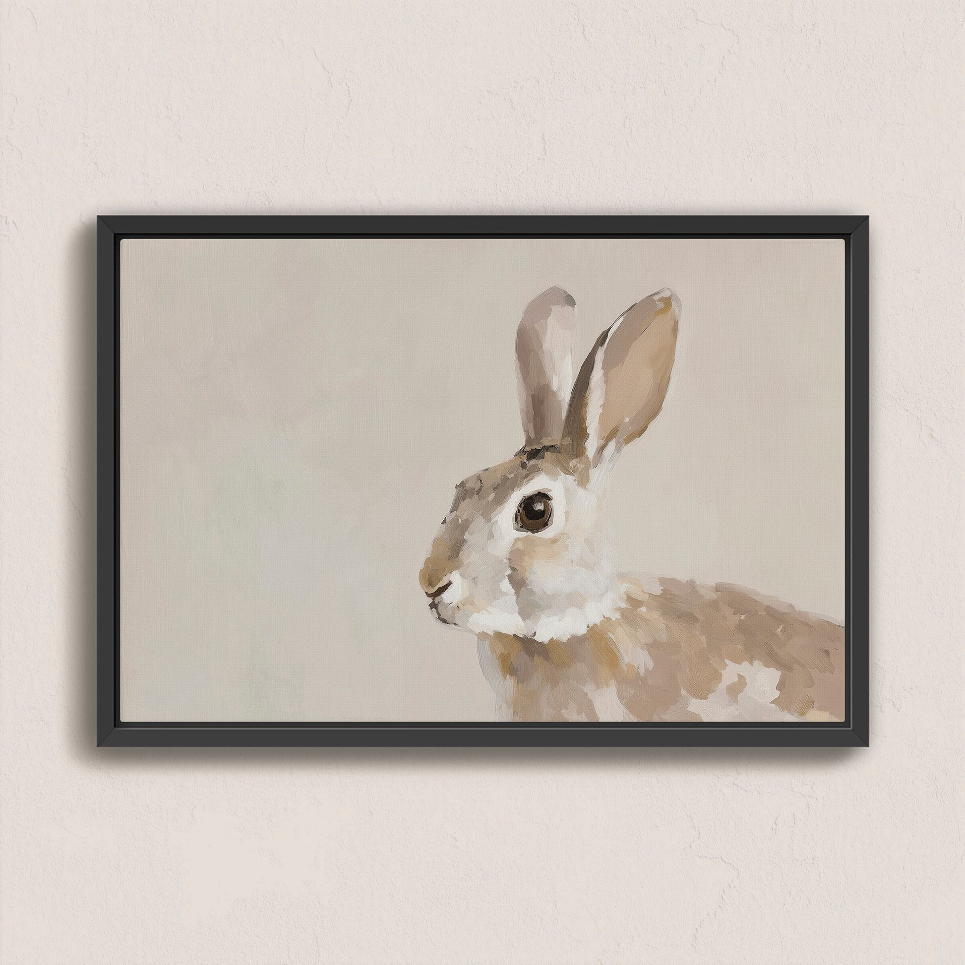 Clover Canvas Print featuring a serene rabbit in neutral tones with painterly texture in a black frame.