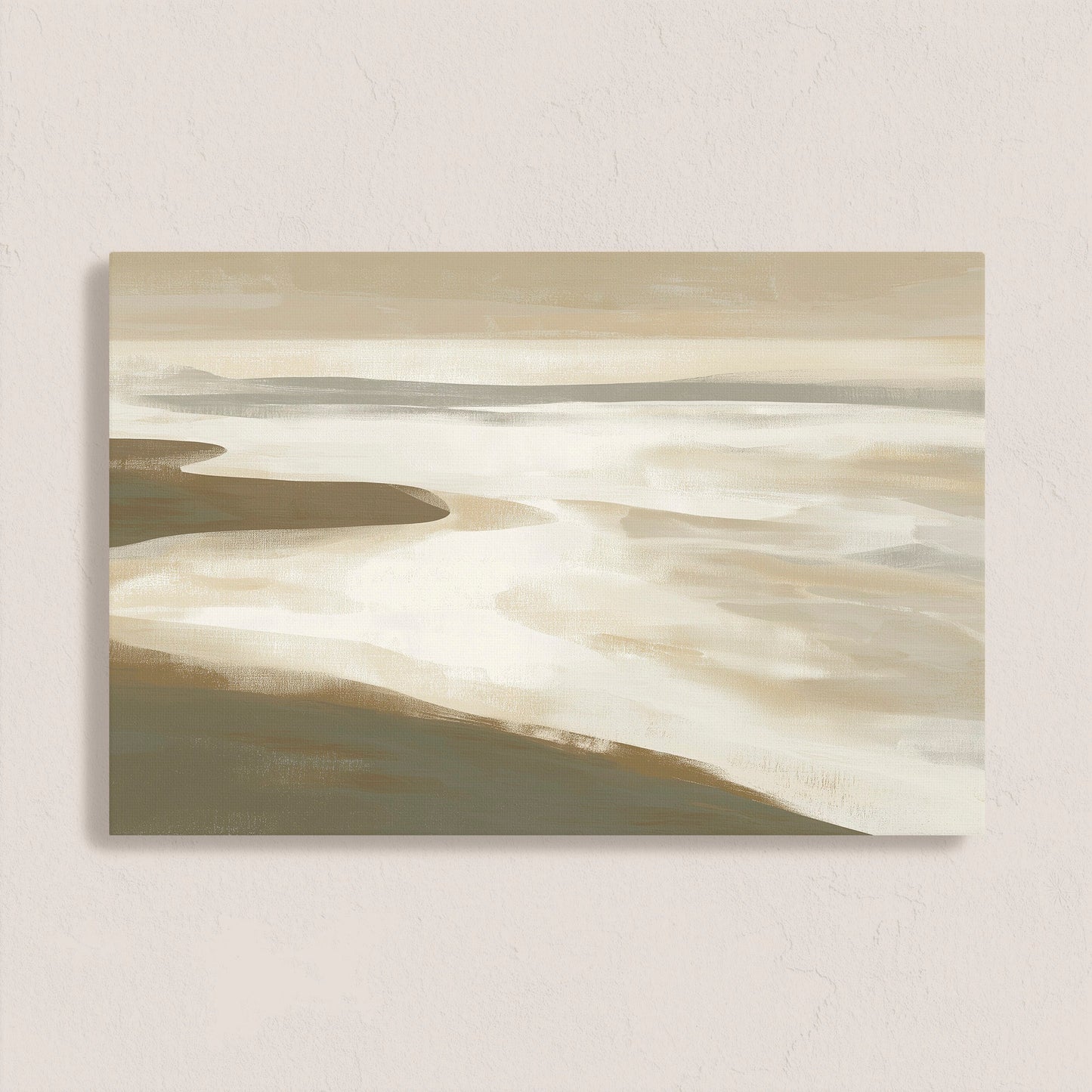 Emie Canvas Print showing a tranquil coastal landscape in beige, ivory, and olive tones on archival-grade canvas