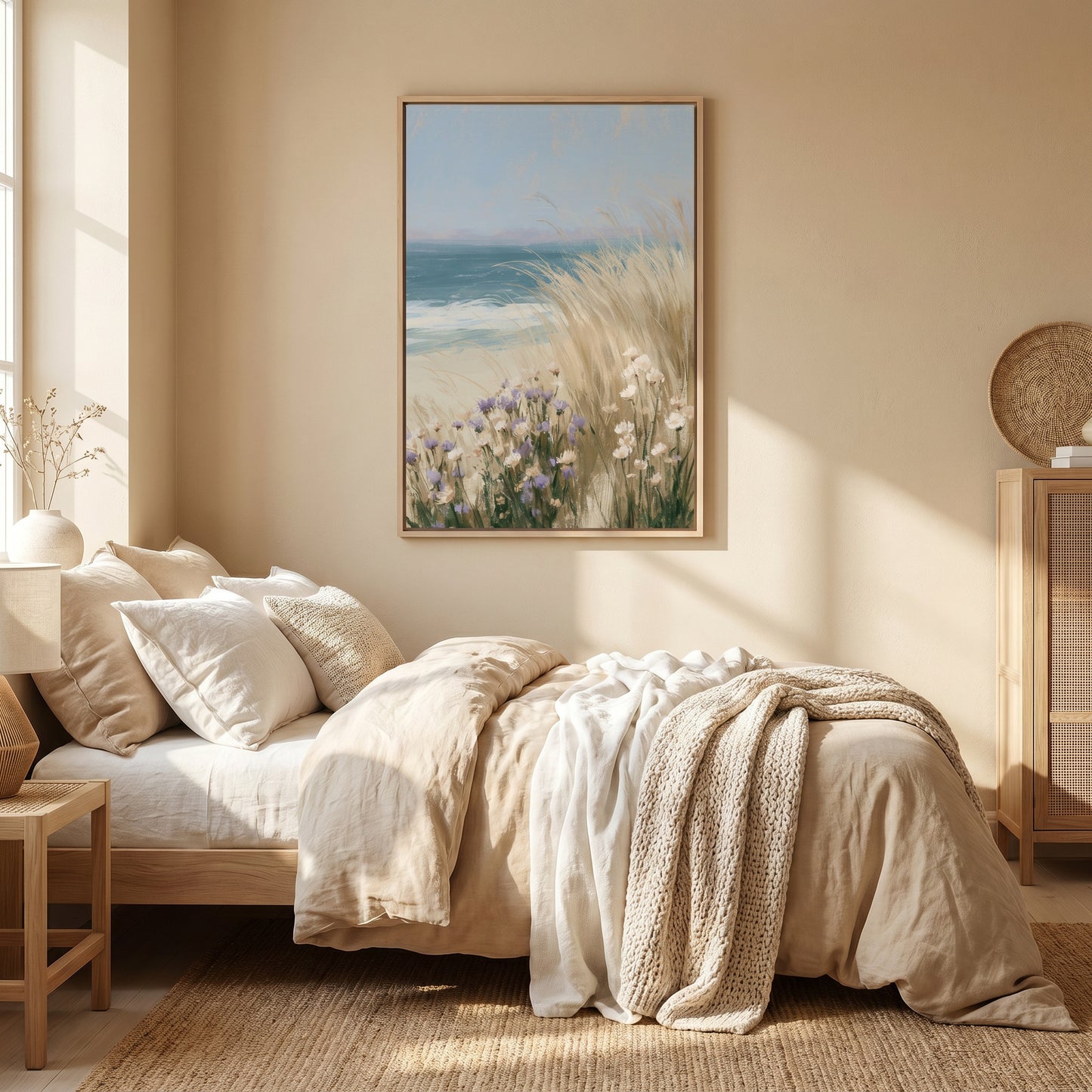 a serene bedroom scene with a large bed adorned with a white comforter and a beige blanket. Above the bed, a framed painting of a beach scene with tall grasses and flowers is hanging on the wall. The room has a warm, inviting atmosphere with a wooden dresser and a woven basket nearby.
