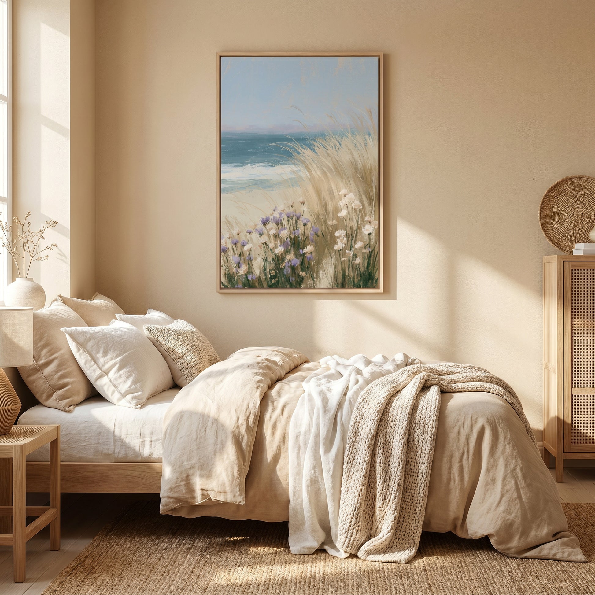a serene bedroom scene with a large bed adorned with a white comforter and a beige blanket. Above the bed, a framed painting of a beach scene with tall grasses and flowers is hanging on the wall. The room has a warm, inviting atmosphere with a wooden dresser and a woven basket nearby.