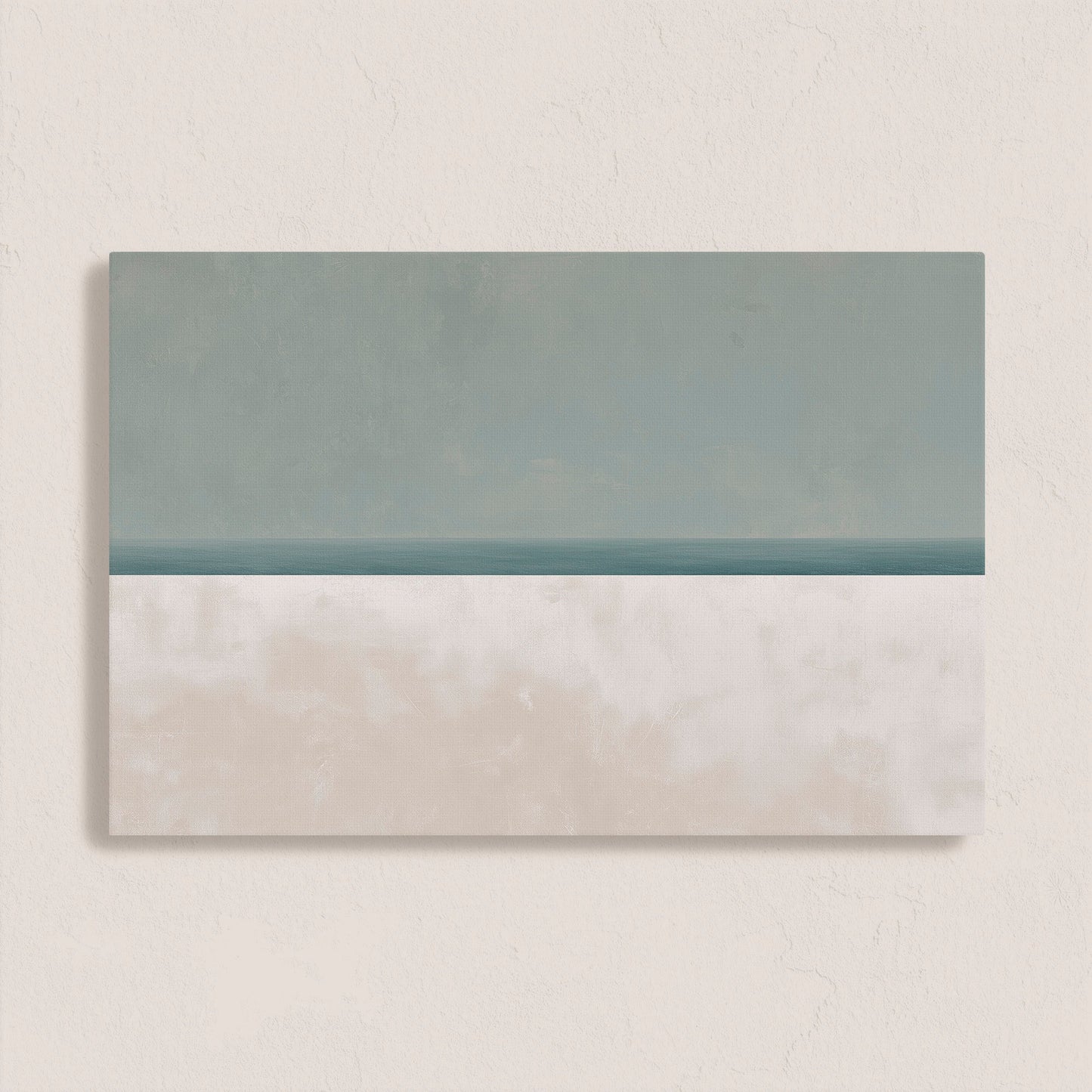 Minimalist Azure Canvas Print depicting sea and sky in muted sage and sand hues, perfect for modern tranquil interiors.