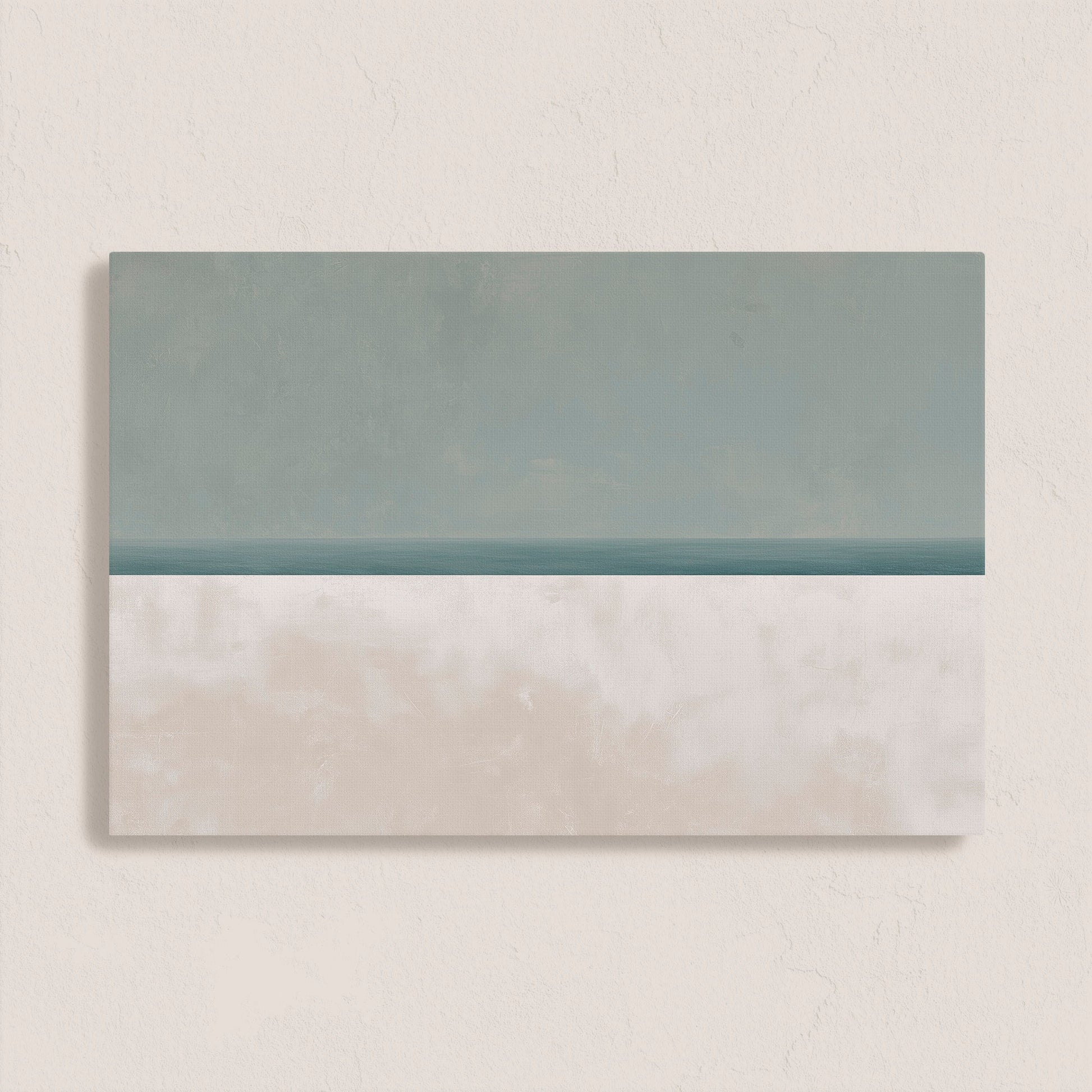 Minimalist Azure Canvas Print depicting sea and sky in muted sage and sand hues, perfect for modern tranquil interiors.