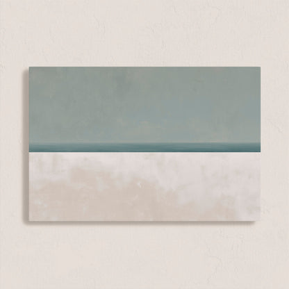Minimalist Azure Canvas Print depicting sea and sky in muted sage and sand hues, perfect for modern tranquil interiors.