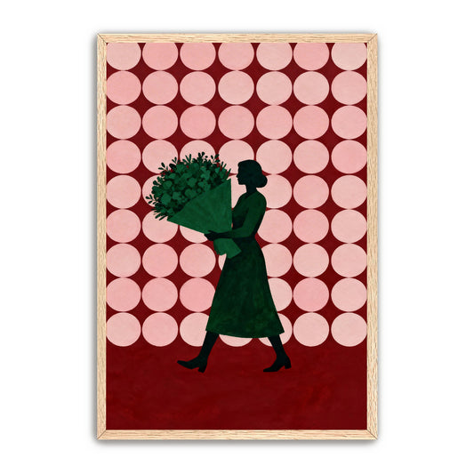 A woman in a green dress carrying a bouquet of flowers is depicted against a background of pink circles.