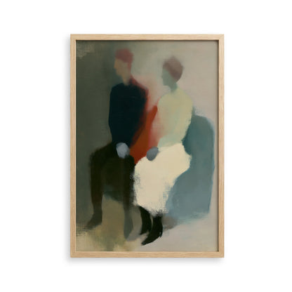The image is an abstract painting featuring two figures sitting together, with a focus on the interplay of colors and brushstrokes.
