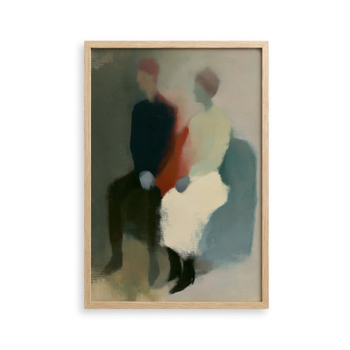 The image is an abstract painting featuring two figures sitting together, with a focus on the interplay of colors and brushstrokes.