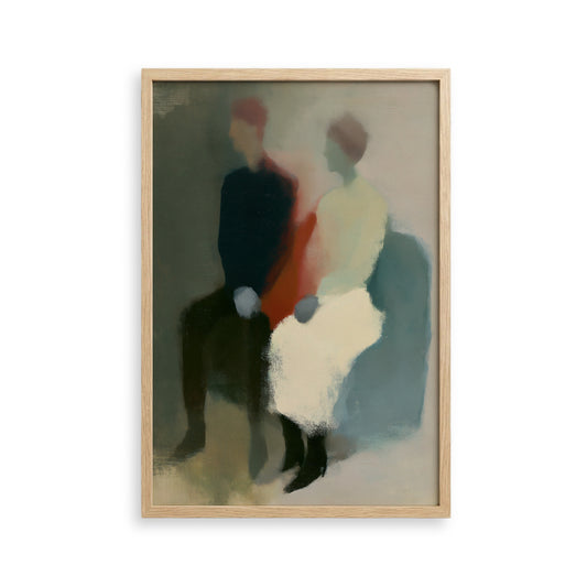 The image is an abstract painting featuring two figures sitting together, with a focus on the interplay of colors and brushstrokes.