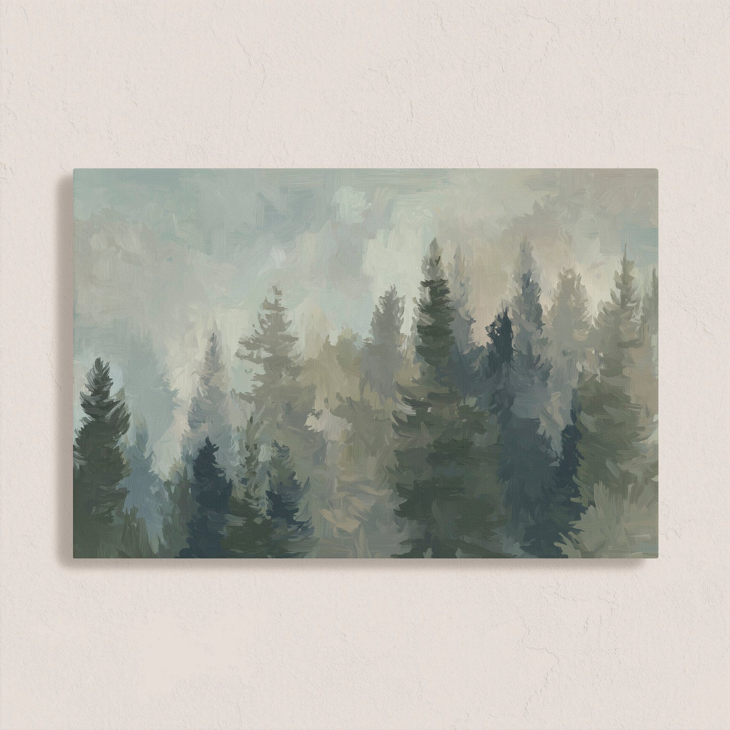 Ever Canvas Wall Art featuring misty forest scene with pine and sage tones on archival-grade canvas