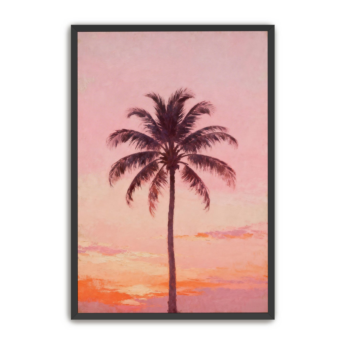 A tall palm tree silhouetted against a vibrant sunset sky.