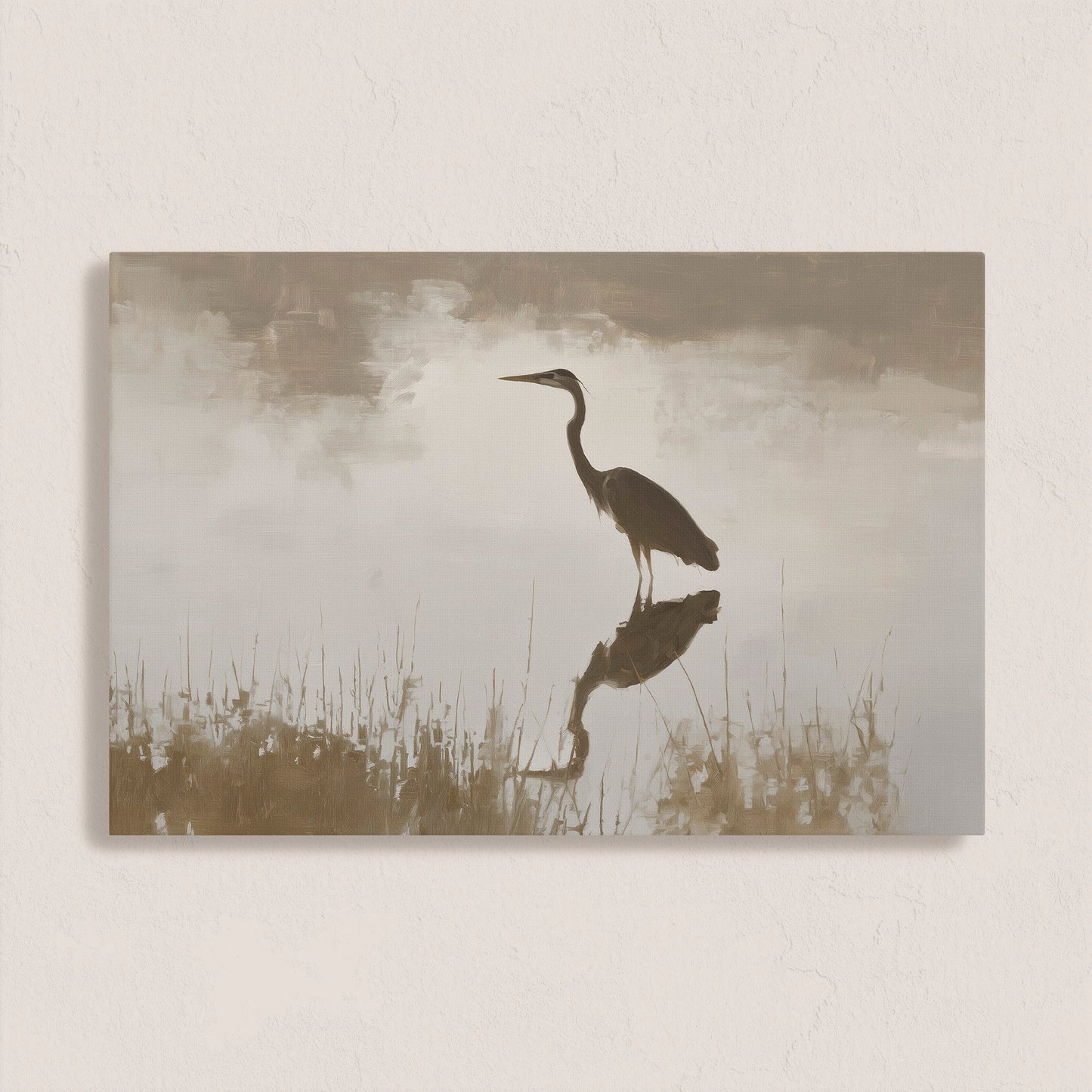 Wade Canvas Print featuring a heron in serene water with muted earth tones and soft light