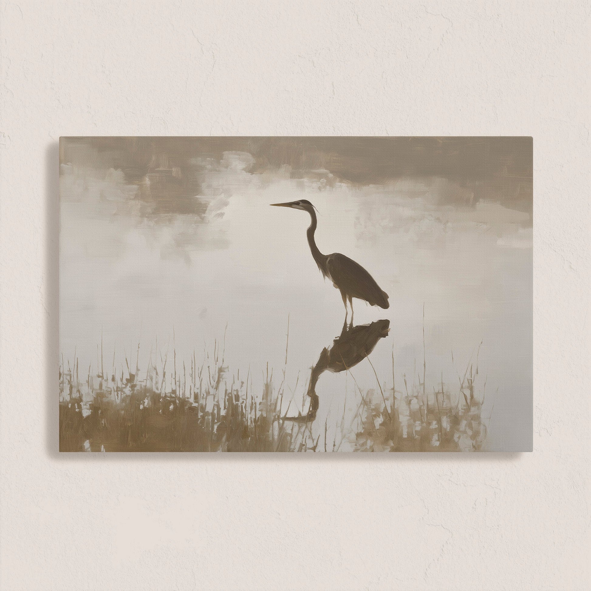 Wade Canvas Print featuring a heron in serene water with muted earth tones and soft light