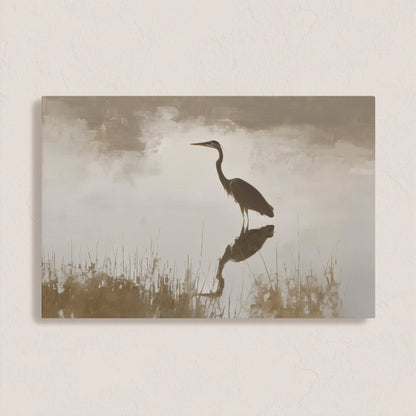 Wade Canvas Print featuring a heron in serene water with muted earth tones and soft light