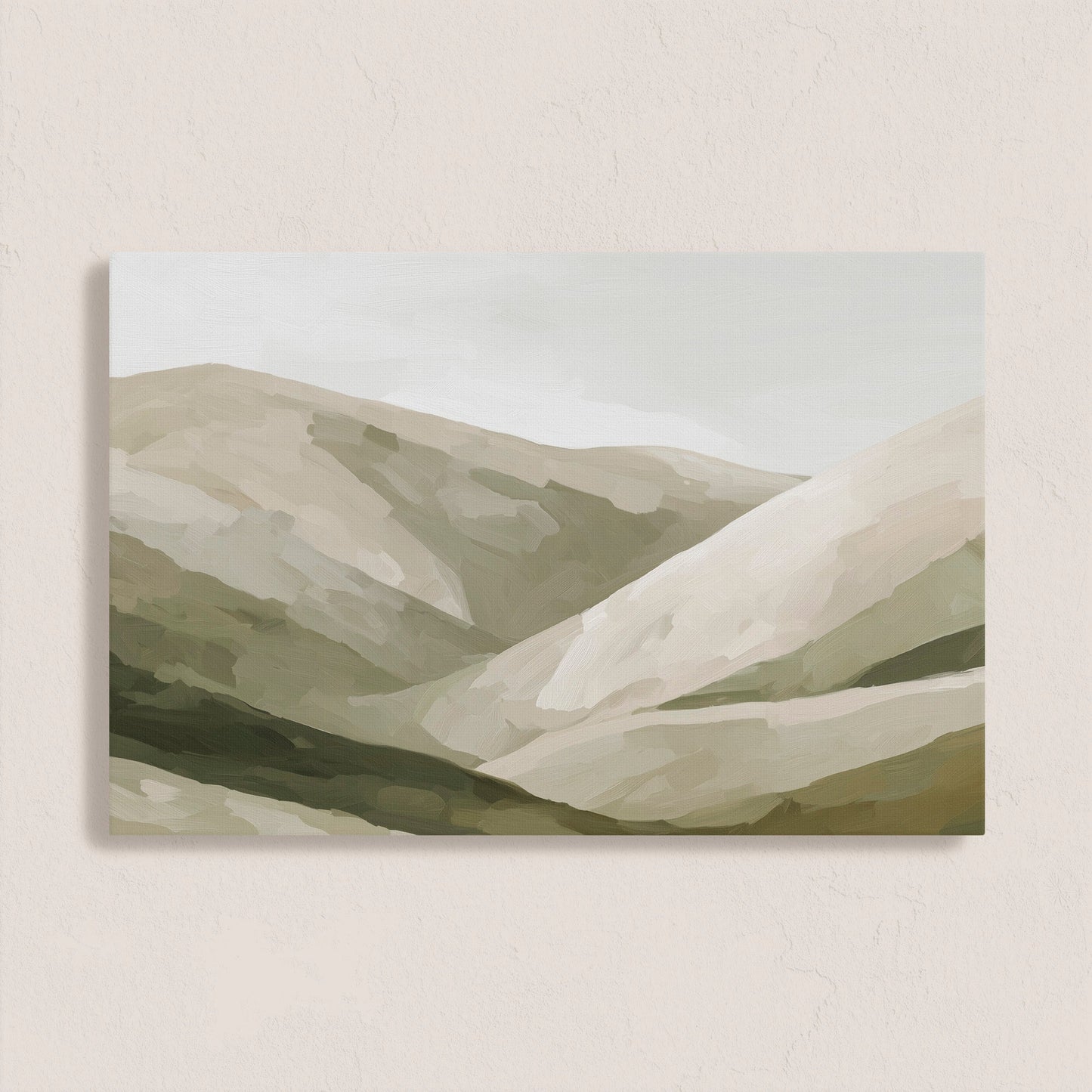 Olive Hills canvas print featuring layered painterly hills in soft olive, taupe, and sand tones with a neutral palette and textured natural design