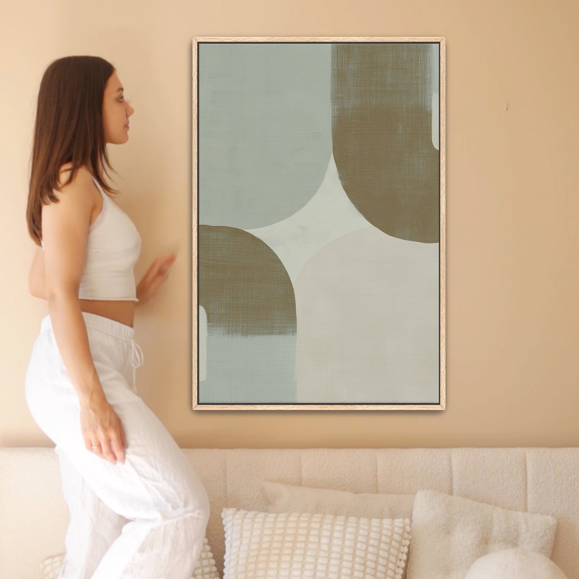 Modern Forma Canvas Art with gentle curves and muted sage, ivory, and taupe tones in a natural frame, ideal for minimalist interiors