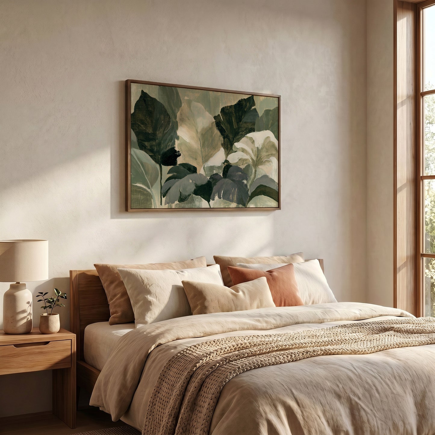 a serene and cozy bedroom with a large bed adorned with beige bedding and a framed painting of lush green leaves hanging above it. The room has a warm and inviting atmosphere, with a window providing natural light and a wooden nightstand with a lamp.