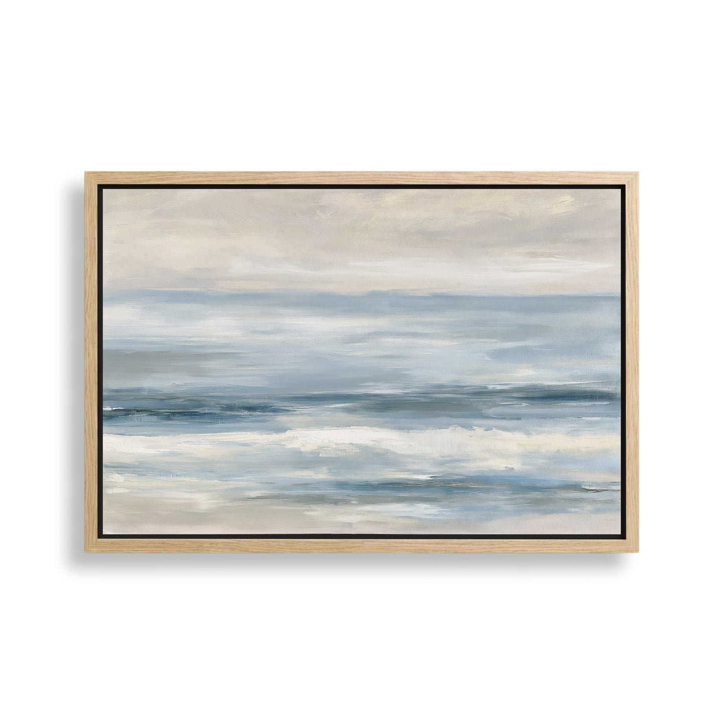 The image is a painting of a serene ocean scene with a cloudy sky above.