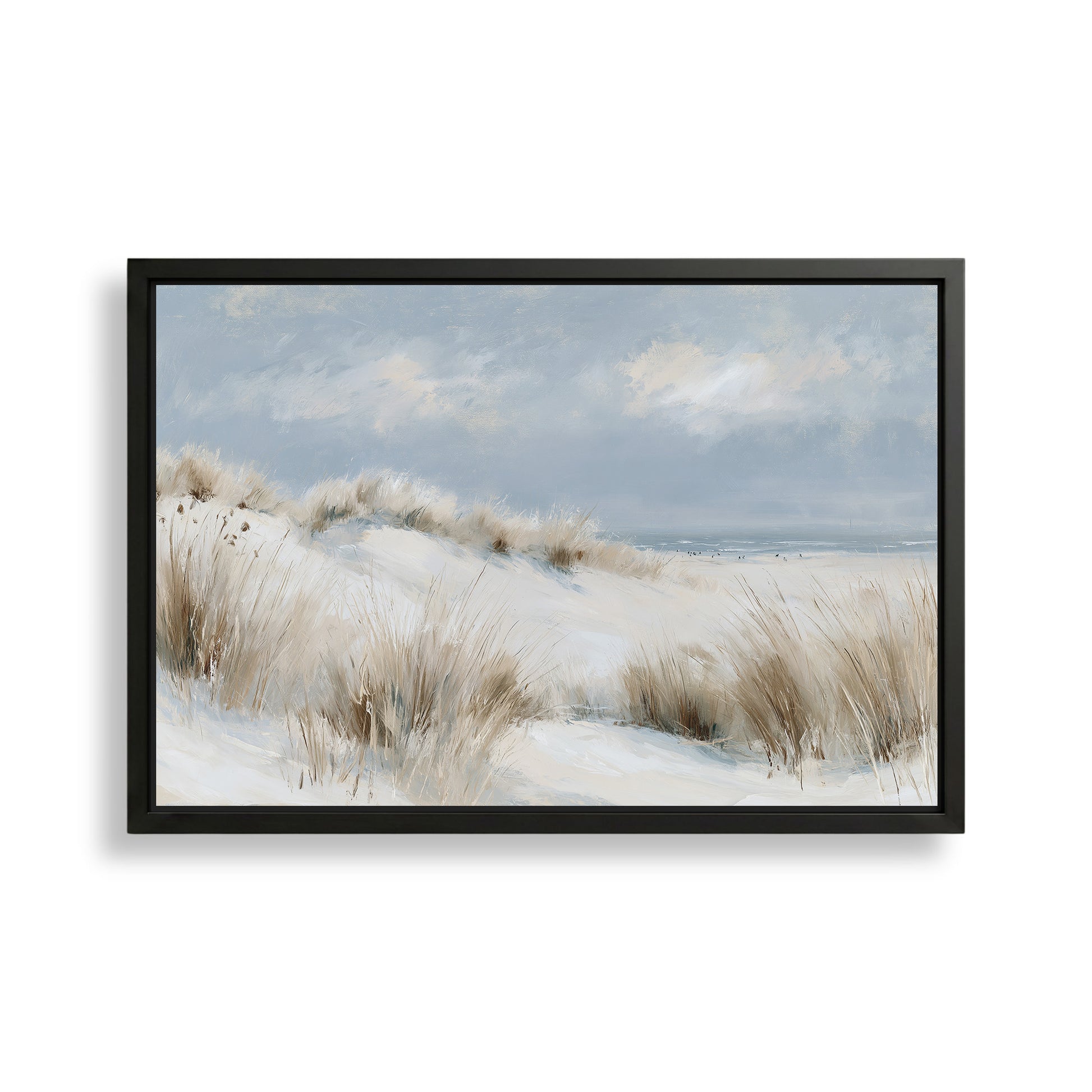 A framed painting depicting a serene landscape with a snowy field, tall grasses, and a cloudy sky.