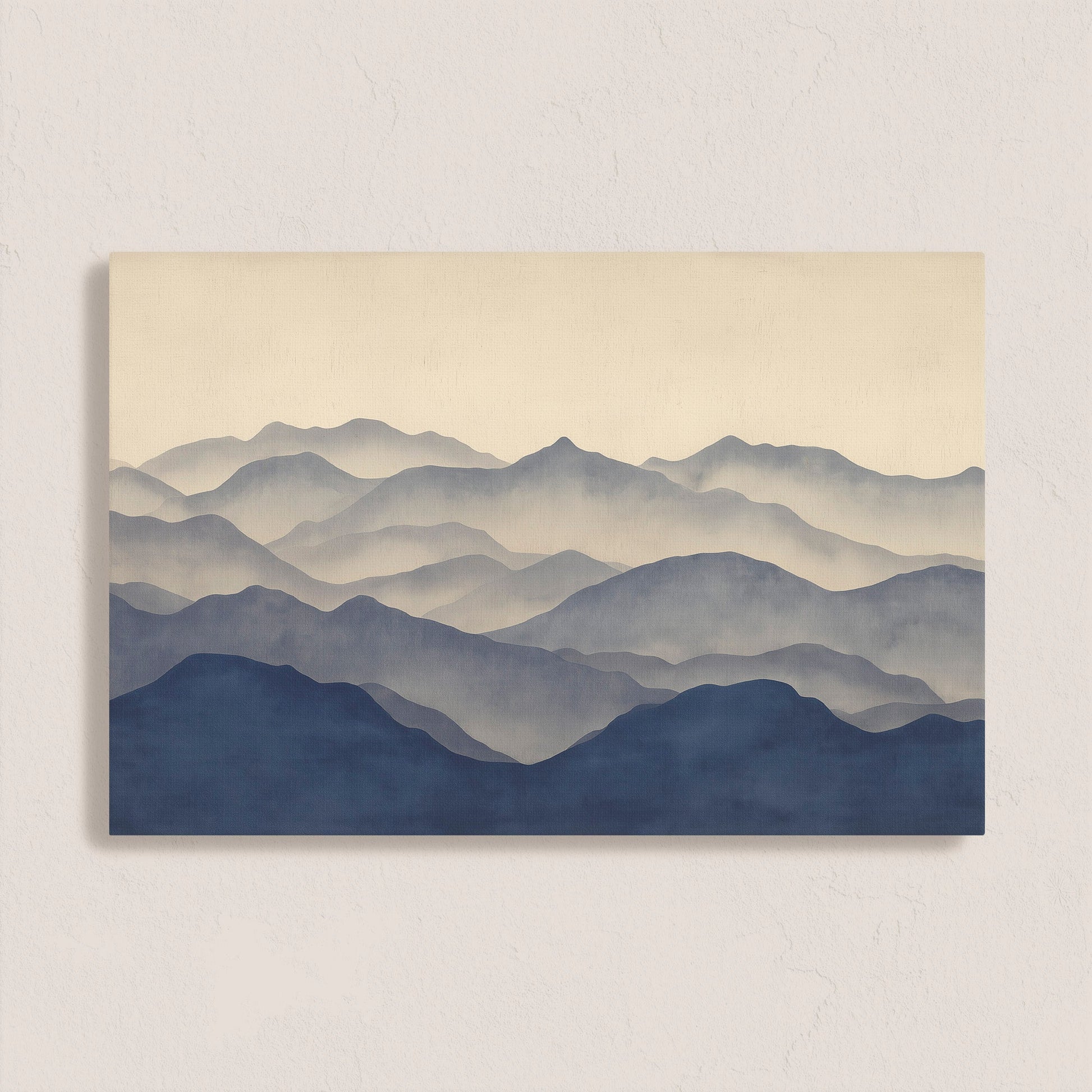 Veil canvas print featuring layered mountain silhouettes in indigo and beige tones for minimalist decor.