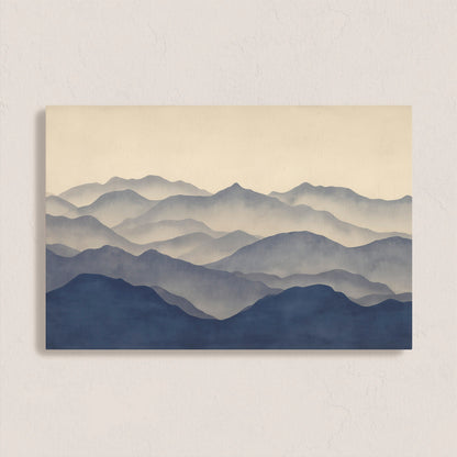 Veil canvas print featuring layered mountain silhouettes in indigo and beige tones for minimalist decor.