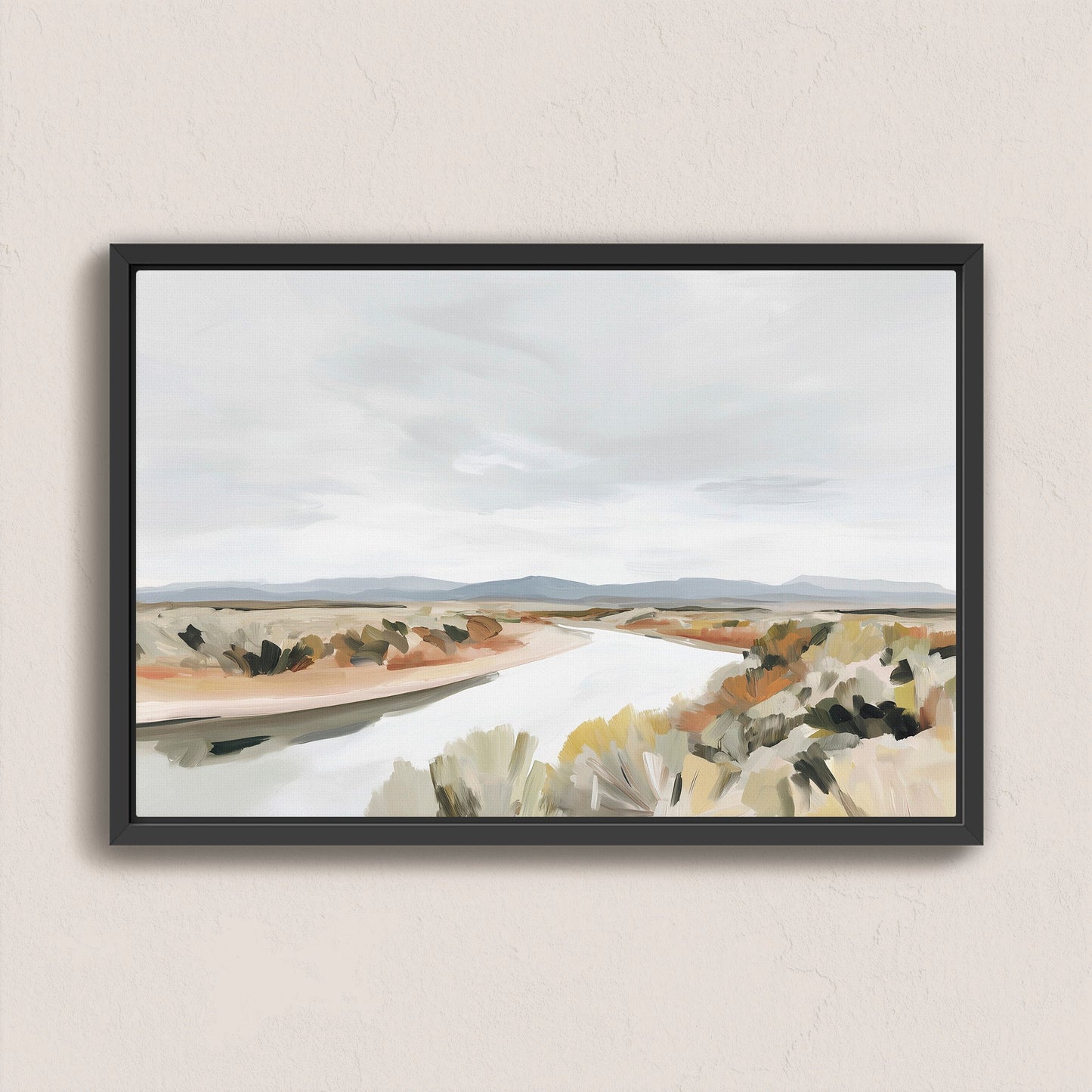 Mesa canvas print of tranquil desert landscape with flowing river in muted earth tones and black frame