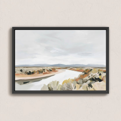 Mesa canvas print of tranquil desert landscape with flowing river in muted earth tones and black frame