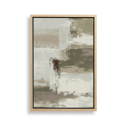 The image is a framed abstract painting with a predominantly gray and brown color palette. The painting features a variety of brushstrokes and textures, creating a sense of depth and movement. The frame has a simple, clean design that complements the overall aesthetic of the artwork.