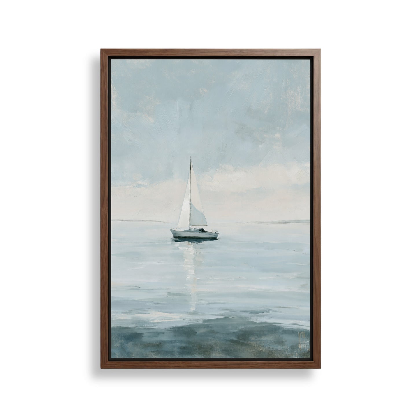 A painting of a sailboat on the water, with a cloudy sky in the background.